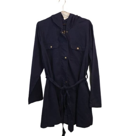 JustFab | Full Zip Utility Snap Button Hooded Coat Jacket Navy Blue - Picture 2 of 7